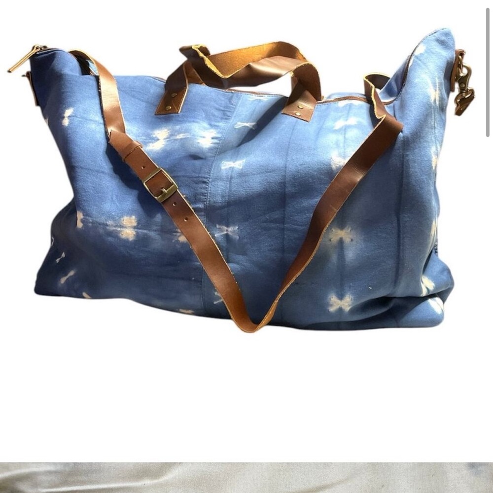 Lovestitch Blue and Brown Travel Bag with Leather Accents